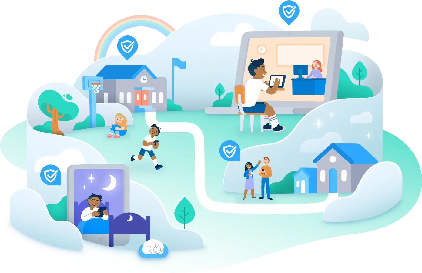 Illustration of four scenes: students playing at school, a classroom, a student at his bed, and parents outside their home