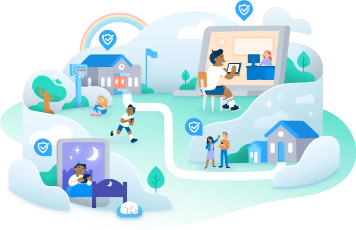 Illustration of four scenes: students playing at school, a classroom, a student at his bed, and parents outside their home