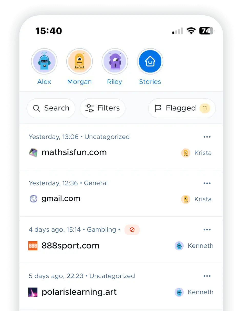 A mockup of Securly Home's Activity feed user interface that shows the sites visited by the children