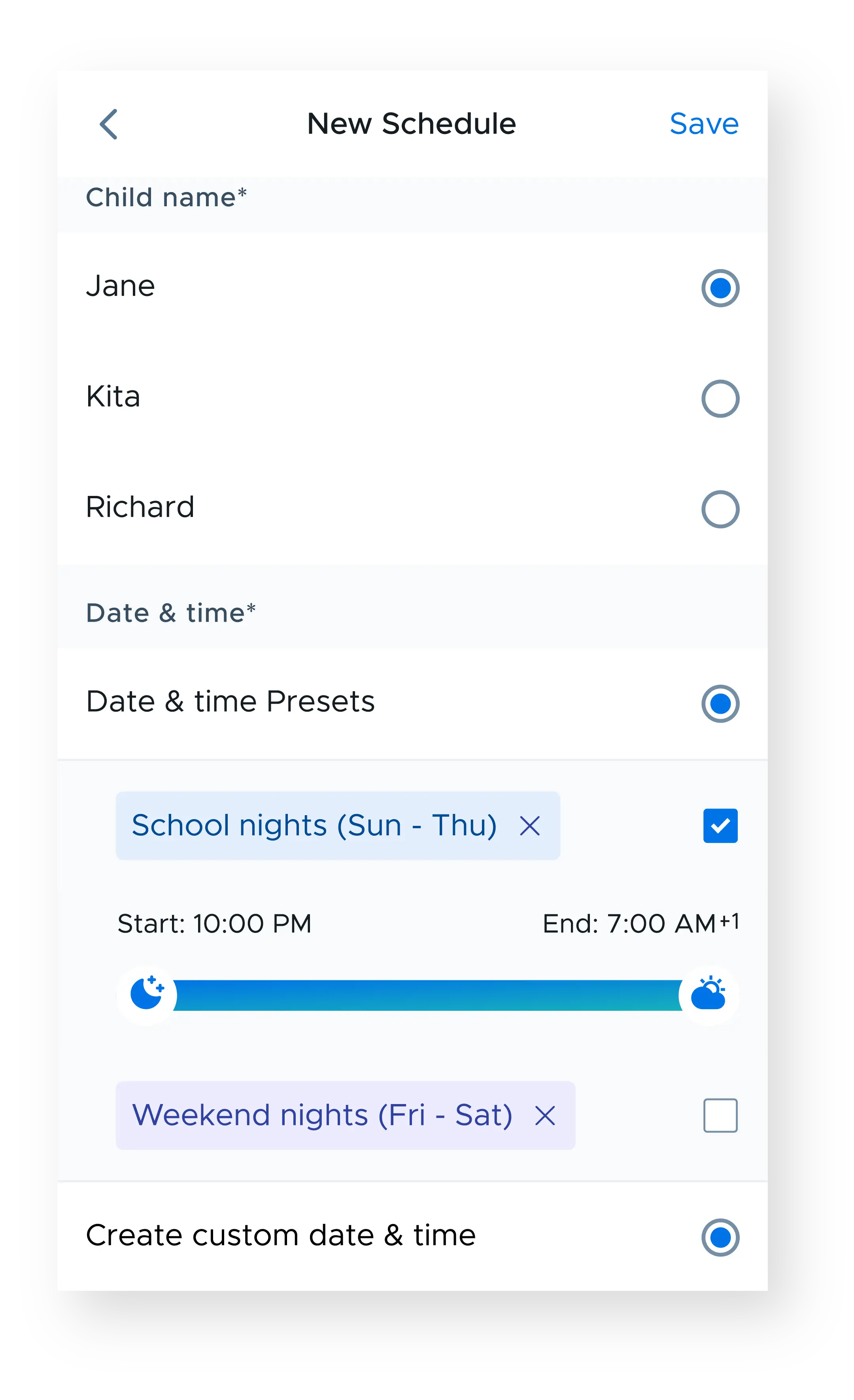 Screenshot of the Securly Home's offline schedule feature displaying a 'Bedtime' schedule from 10pm to 7am