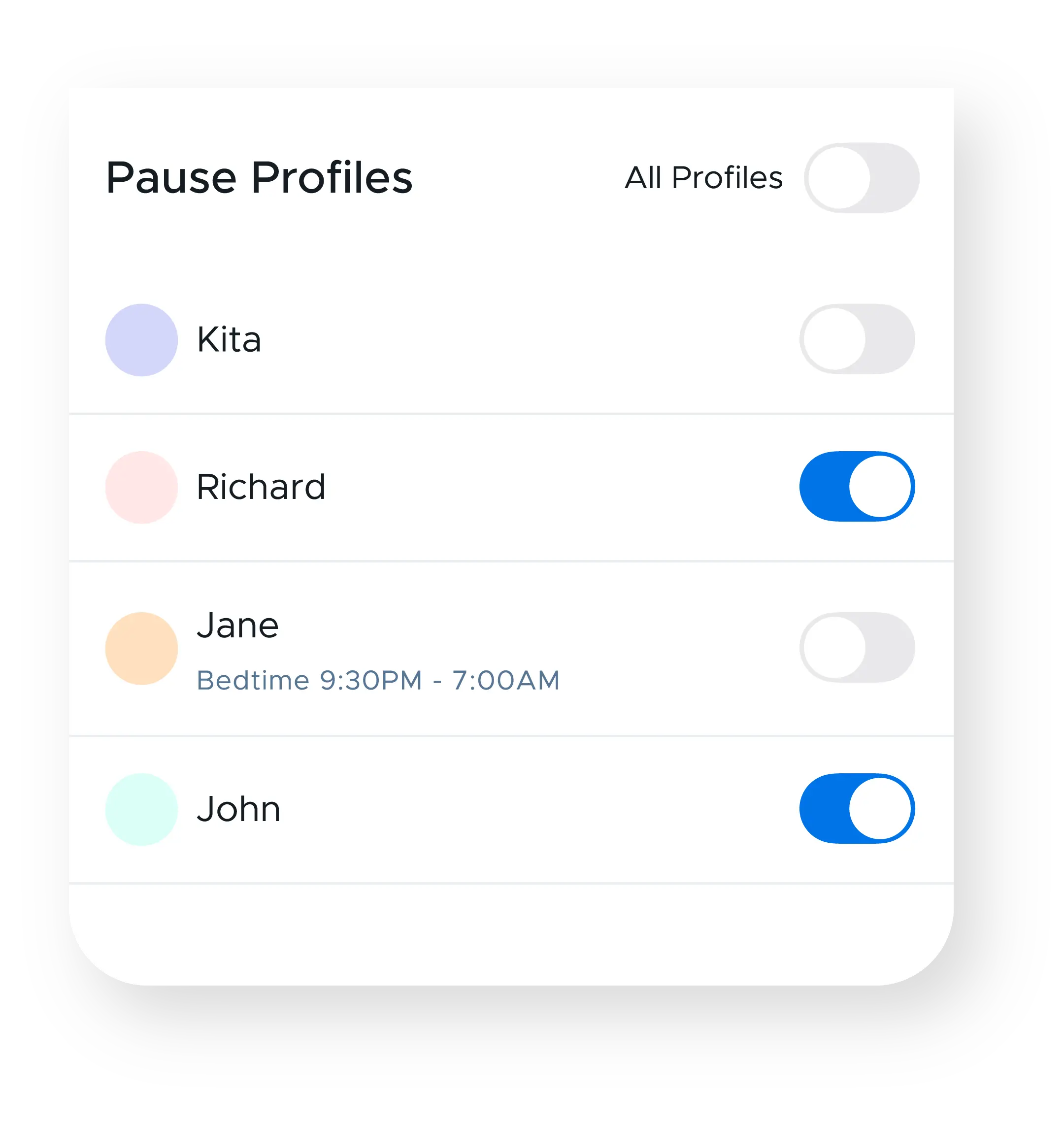 Screenshot of a 'pause devices' feature of Securly Home that allows parents to pause internet on their children's devices