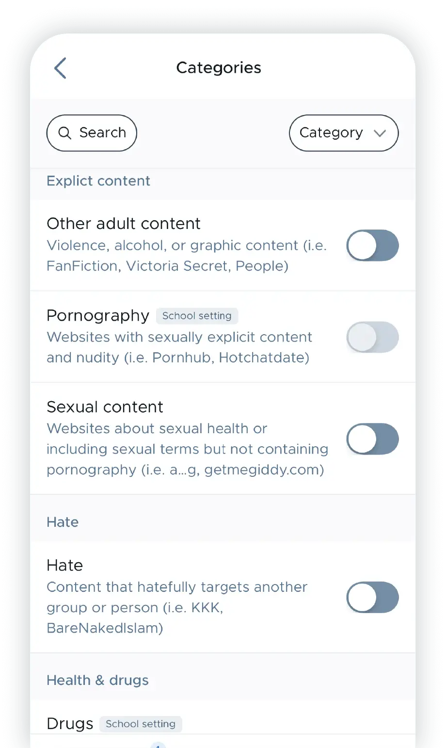 A mockup showing the various rules a parent can set for filtering web activity of their child through Securly Home