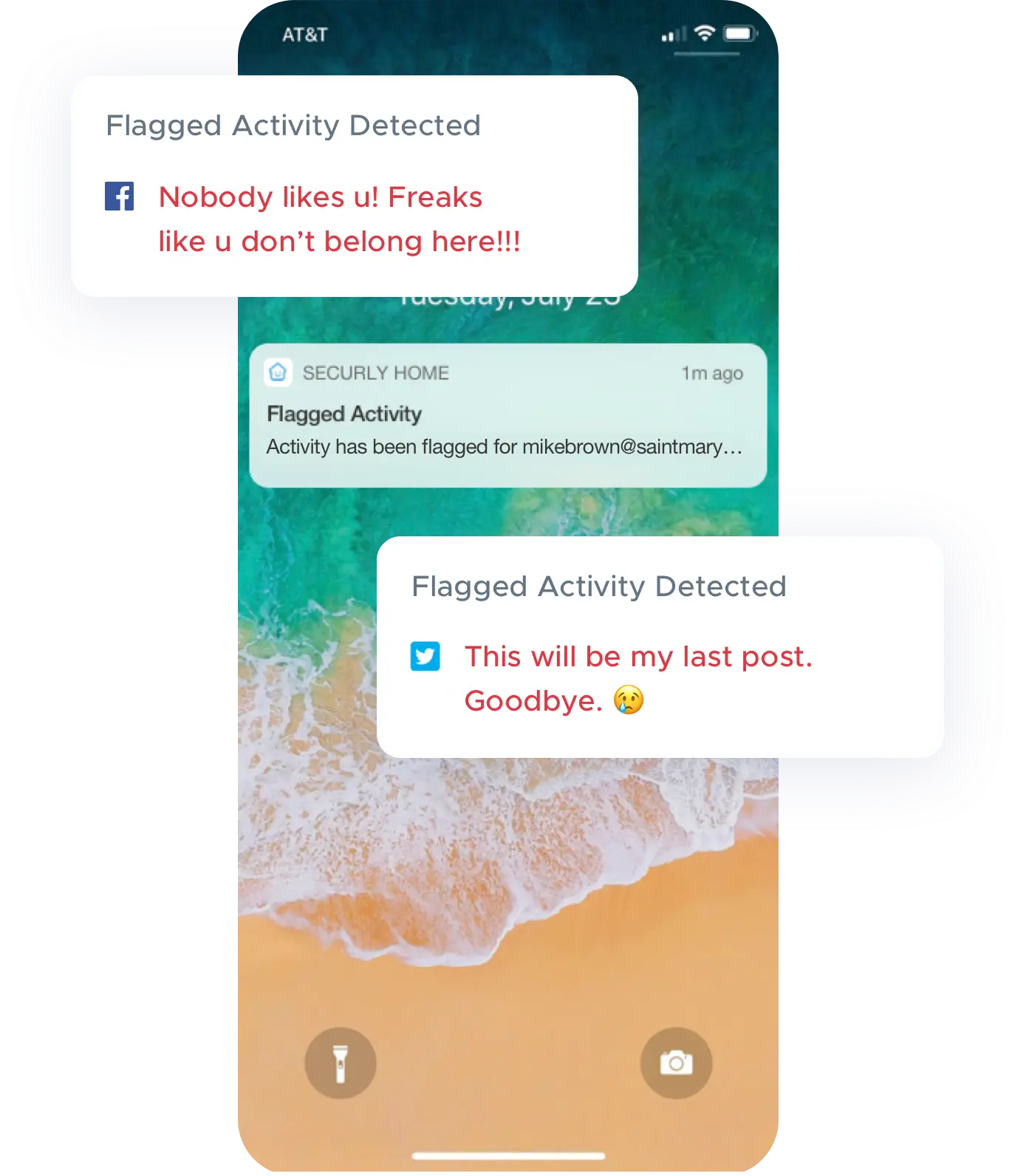 Mockup of 'flagged activity' notifications that includes signs of bullying, self-harm, and violence.