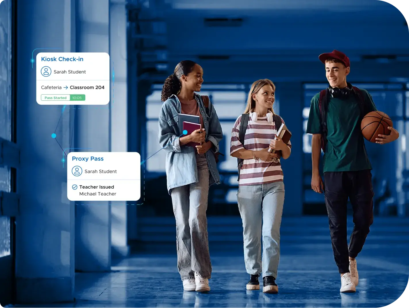 Students using Securly Pass mobile interface while moving through campus