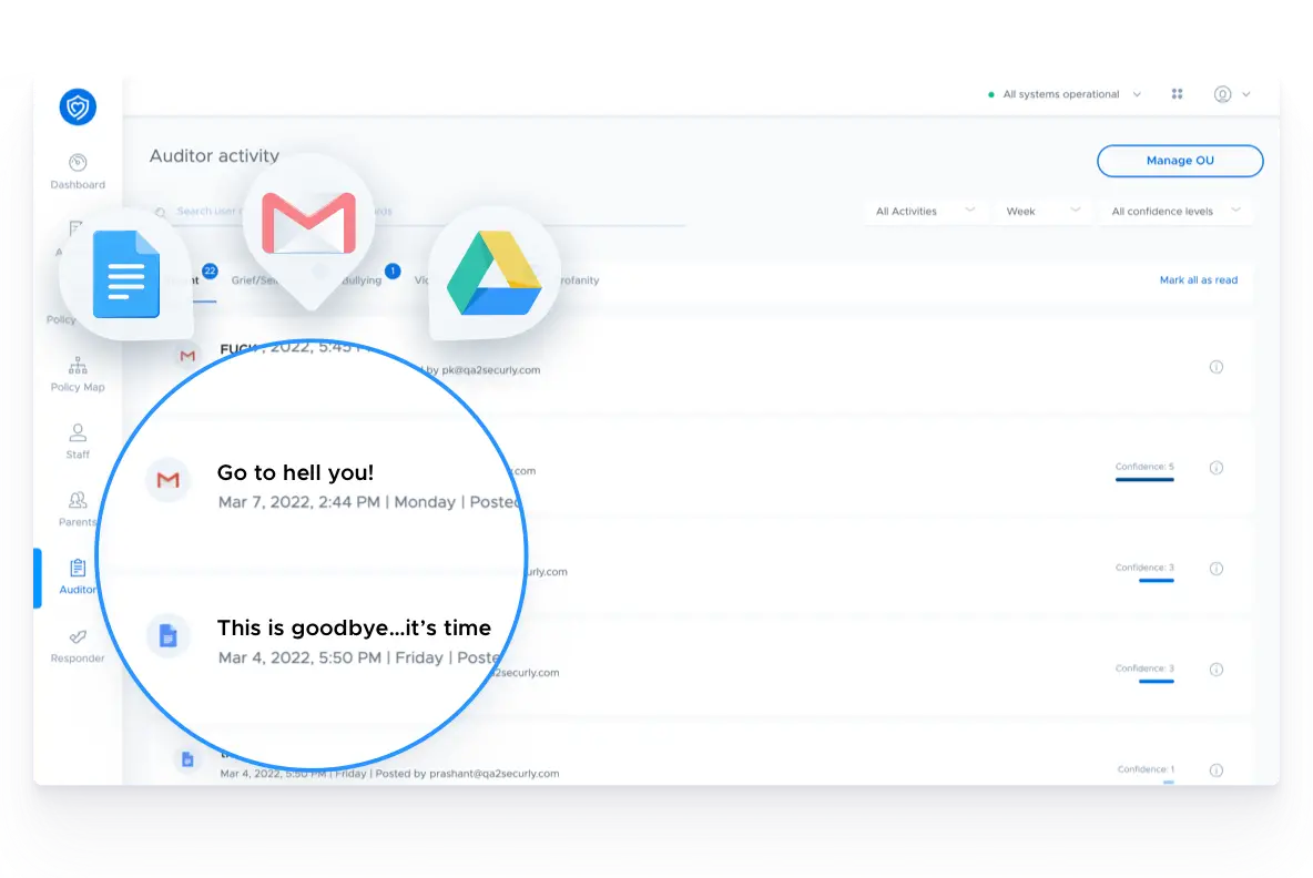 Screenshot of a student's activity feed in Securly Aware, including a magnified view of two self-harm related activities
