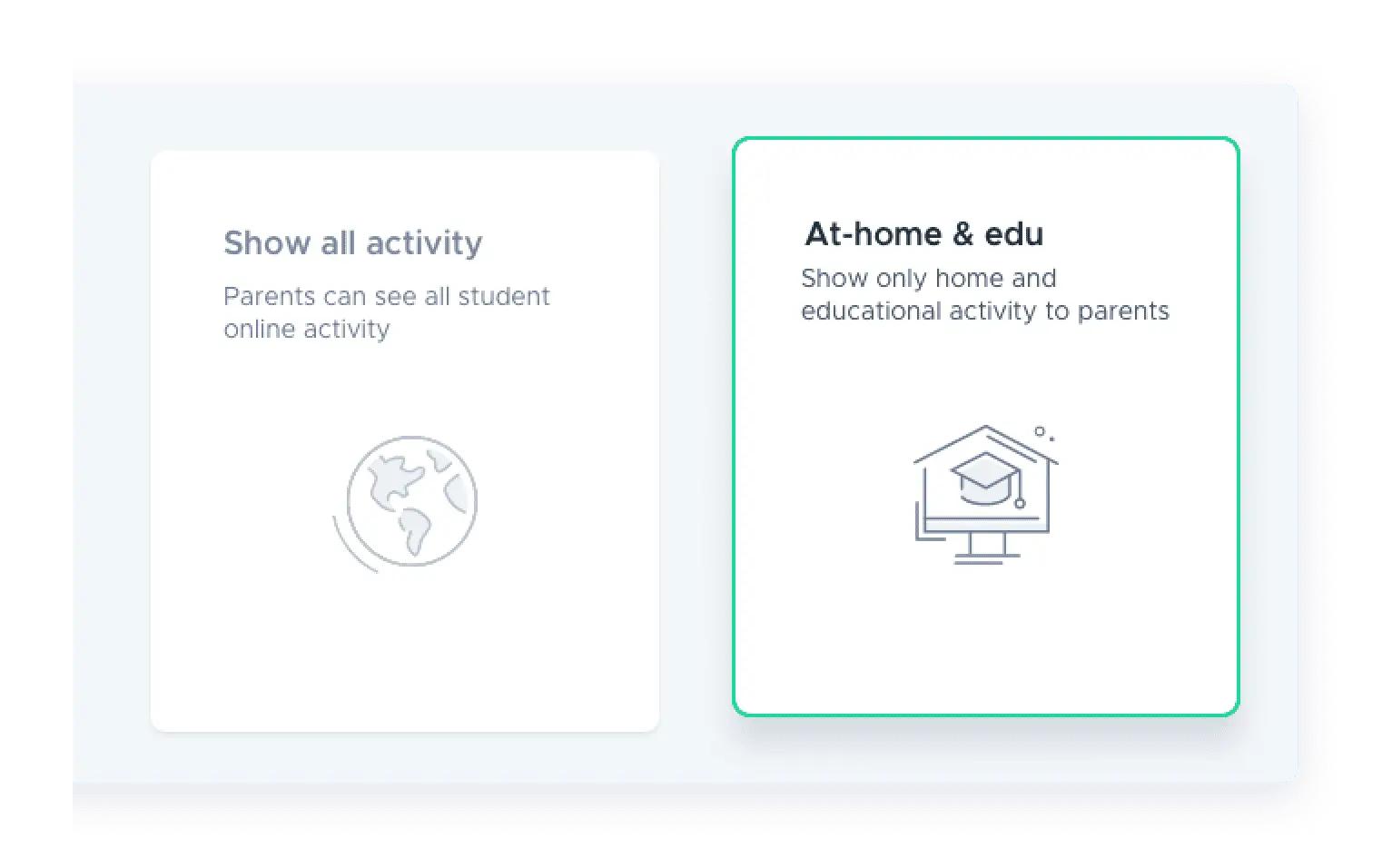 Screenshot of two activity visibility options in Securly Home - 'Show all activity' and 'At-home & Edu'