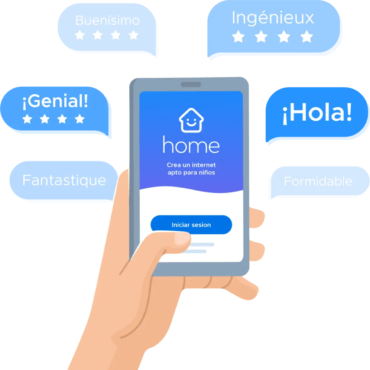 Illustration of a smartphone displaying the Securly Home app, surrounded by text bubbles with greetings in various languages