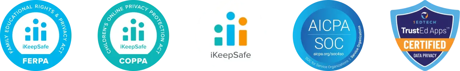 FERPA, COPPA, iKeepSafe, AICPA SOC, and 1EdTech TrustEd Apps certifications