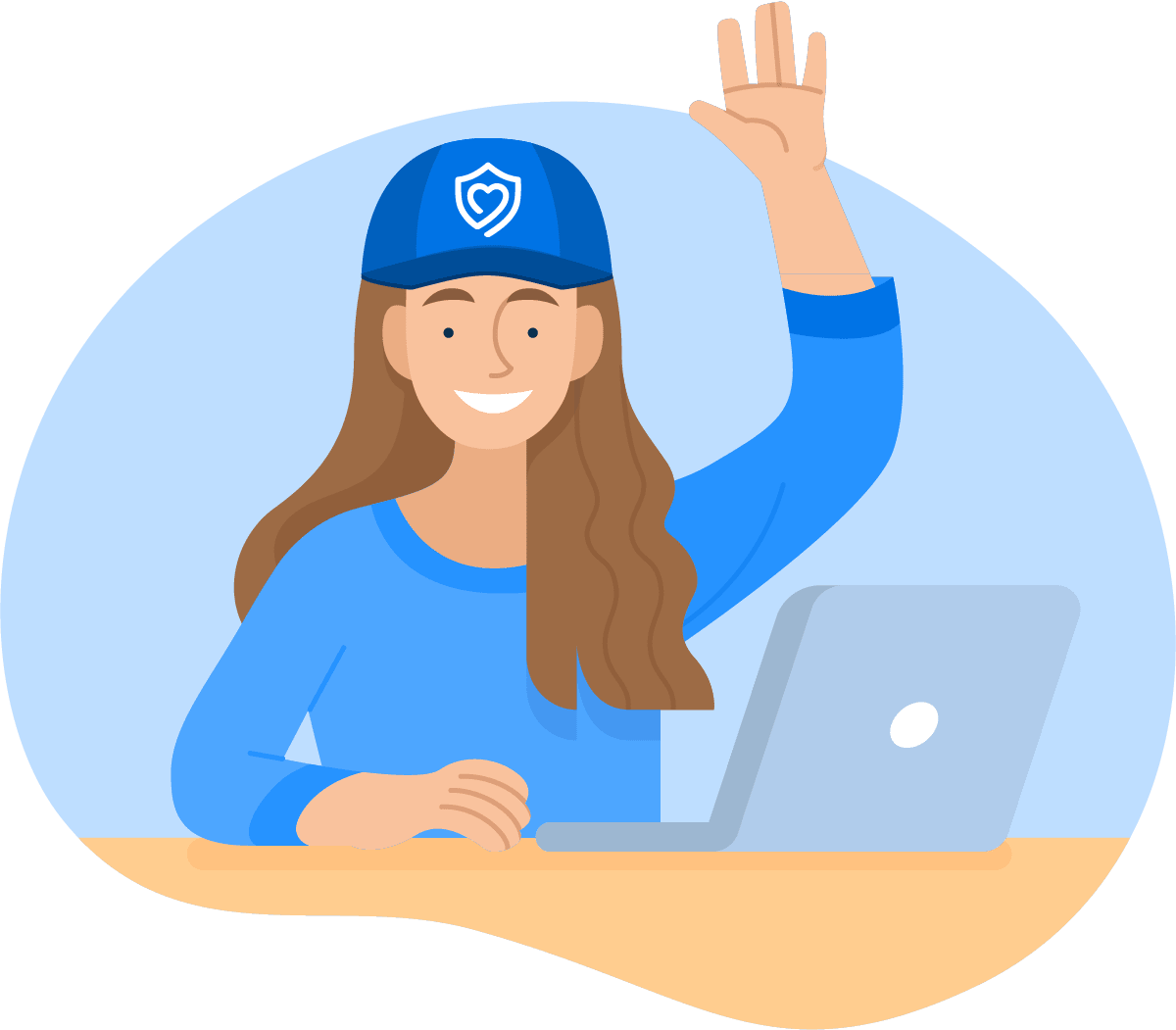 Woman raising hand with a smile